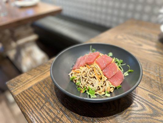 Bluefin Tuna Crudo, Soba Noodle Salad, Roasted Peanuts, Cilantro, Honey Ginger Dressing