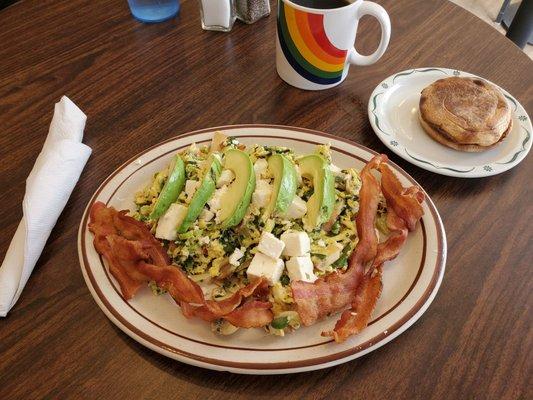 Tyger's Veggie Scramble with feta, avocado and bacon