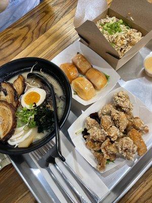 Tonkotsu, popcorn chicken, fried buns , fried rice