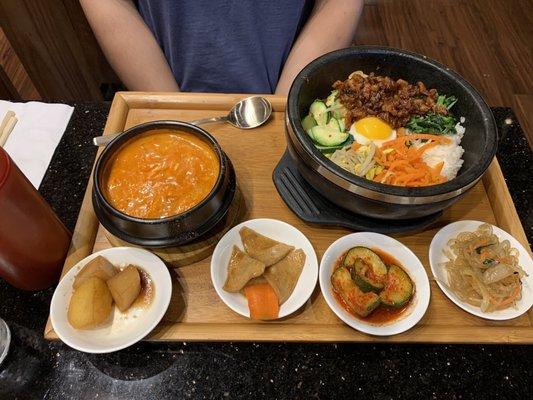 dolsot bibimbap with spicy pork + seafood soondubu lunch tray (also served with salad not pictured)