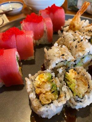 Red Rose Roll (left), Shrimp Tempura Roll (no mayo- right) both were fresh and tasty... a must order!