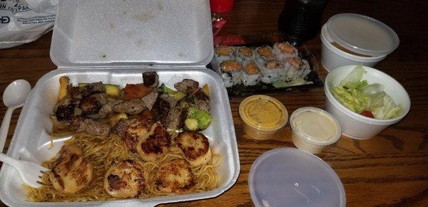 Steak and Scallop Hibachi with a Spicy Salmon Roll