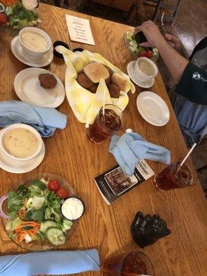 Dinners came with side salads, soup and corn fritters !