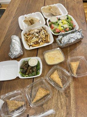 Greek fries, salad, stuffed grape leaves, hummus, gyros and baklava!