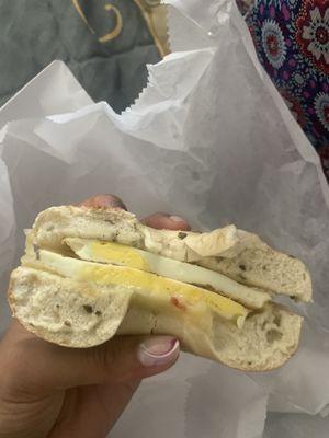 Asked for a bagel toasted with two eggs.