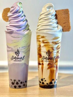 Taro Bubble Tea and Matcha and Taro Swirl Ice Cream and Brown Sugar Bubble Tea and Earl Grey Ice Cream