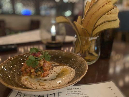 Salmon Ceviche with plantain chips!! Best dish, amazing!