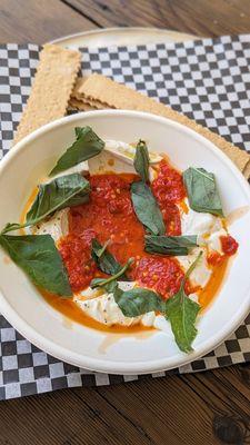 Olive Oil Whipped Ricotta with Roasted Red Pepper Jam & Calabrian Chili Oil | Instagram: @telephonesmoothie