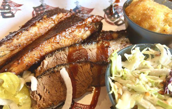 Ribs, brisket, slaw and mac n cheese