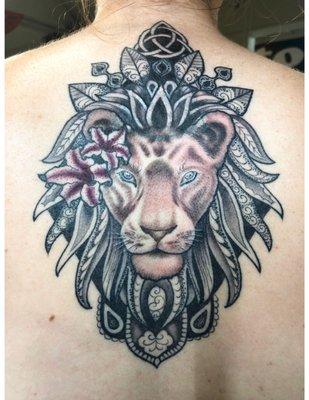 Ornamental lioness tattoo @melonstamp