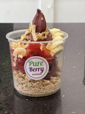 Try our delicious "Ville" bowl. Our organic acai topped with strawberries, bananas, toasted coconut, granola, and honey! Our top seller!