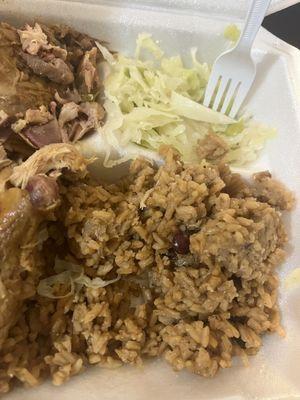 Jerk chicken, rice/peas, cabbage