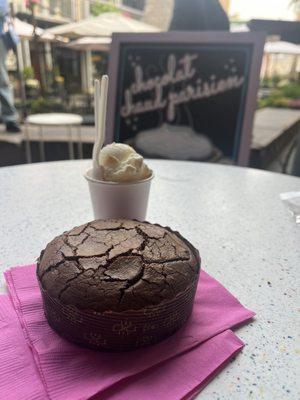 Molten cake with a mini scoop of the honey ice cream