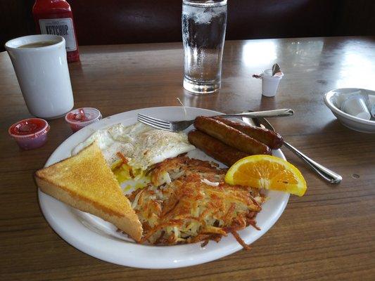 Sausage and eggs, toast.