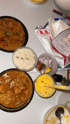 Butter chicken, chicken tikka masala, mango smoothie