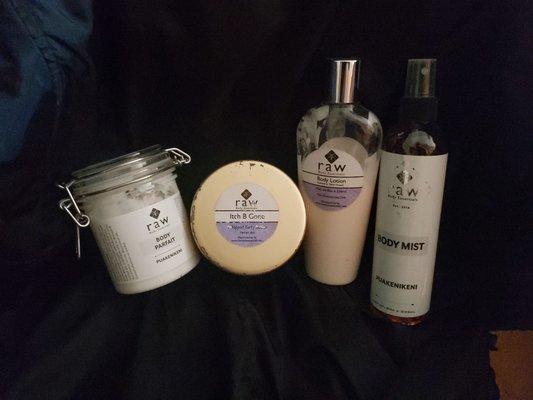 From left to right: Pukenikeni Body parfait, itch B Gone, Tahitian Dream Lotion & Pukenikeni body mist