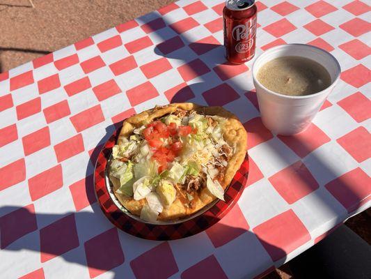 Fry bread taco, and mutton and dumplings stew