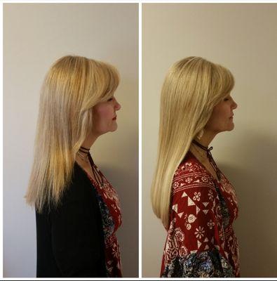 Before & after Great Lengths hair extension client.