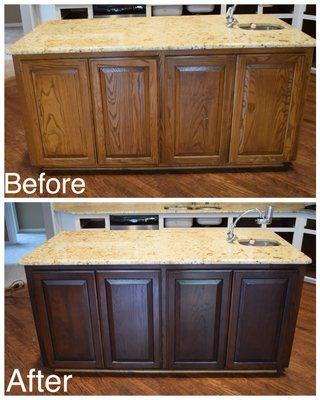 Having the kitchen island stained a dark walnut with the rest of the kitchen painted white is a beautiful new look.