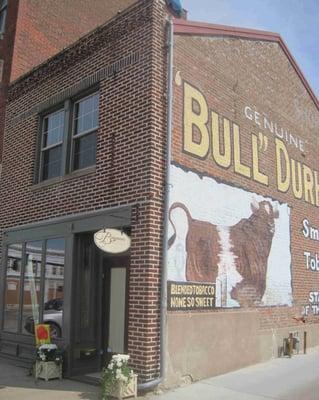 outside Buygone's historic "Bull Durham" building,