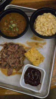 BBQ Plate with Pulled Pork, Beans, Cornbread, and Mac & Cheese