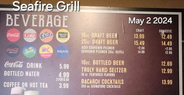 Drinks menu. Note the 5% surcharge