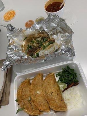 Birria tacos and consommé (top) Quesabirrias (bottom)