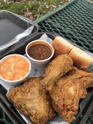 Three piece meal with mac n cheese and baked beans