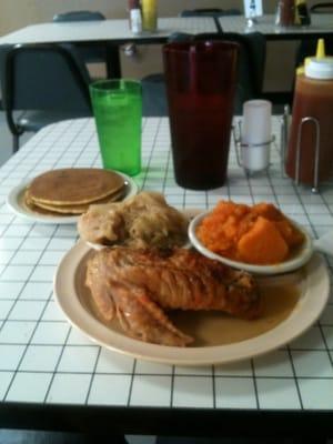 Baked turkey wing, cabbage, sweet potatoes & cornbread pancakes!