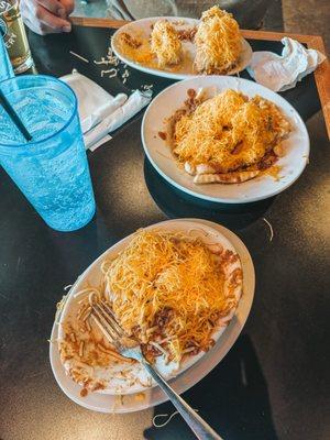 4way with onions, chili cheese fries and coneys.