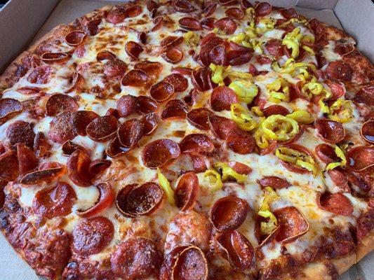 Large pepperoni w extra sauce, banana peppers on half