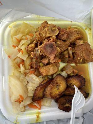 Curried goat, cabbage, plantains