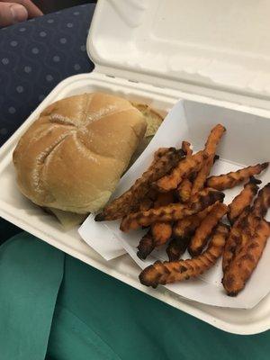 Chicken sandwich and sweet potato fries. $12.