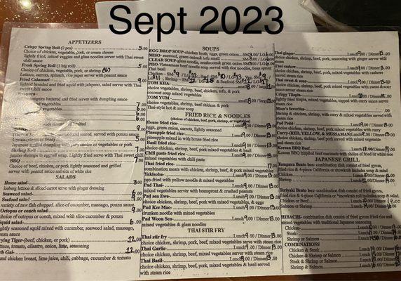 Sept 2023 Menu