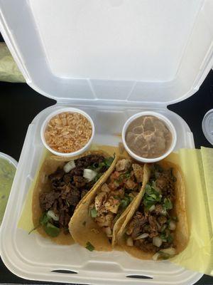 Carna Signature Asada Taco Lunch Al Pastor Pork Taco premium Chicken Taco Lunch rice and beans corn tortilla