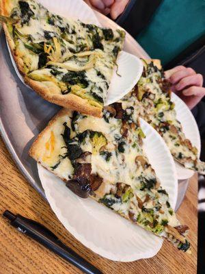 Veggie pizza and spinach and artichoke