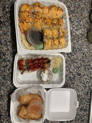 top: dynamite, salmon on the beach(recommend), and michigan roll(recommend) middle: crunch roll (recommend) bottom: egg rolls (recommend)