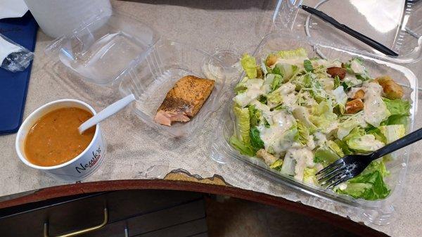 Tomato Basil Soup (cup) Salmon (for the...) Salmon Caesar Salad  (Ignore the broken countertop. This was at my office)