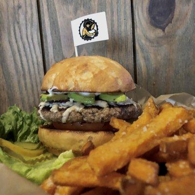 Vegan Impossible Burger with Gluten-free Bun & Sweet Potato Fries