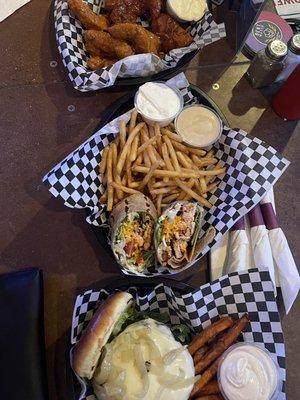 Buffalo chicken wrap, burger, wings