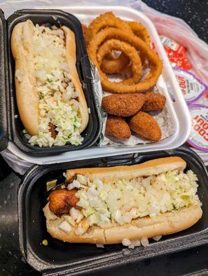 2 Dog Tray. Both hot dogs Cook Out Style (chili, slaw, mustard, onion). Sides: Onion rings and hush puppies. $9.37 before tax. $10.20 after.