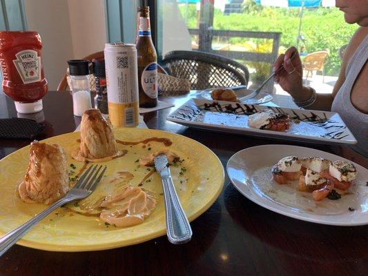 Krab meat egg roll (L) and Caprese salad (R).