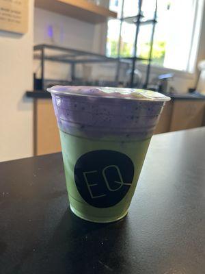 Matcha latte with ube foam