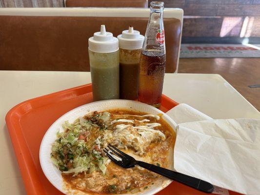 Cheese enchiladas with red sauce. Mexican apple soda - my favorite but it's often hard to find. Very hot homemade salsas.