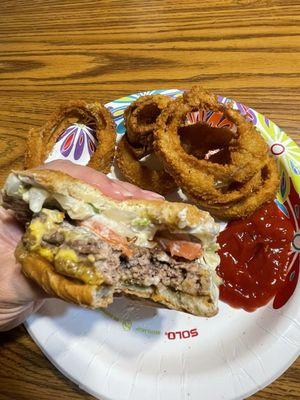 Small Burger and of course onion rings.