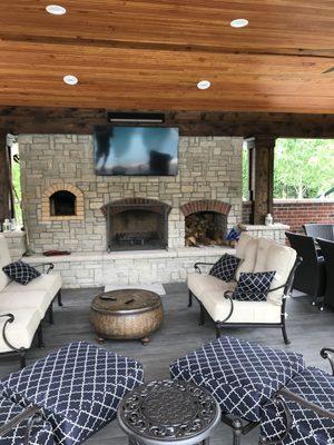 Outdoor kitchens and gazebos look great when were done! LED recessed lighting, flat screen TV with sound bar.