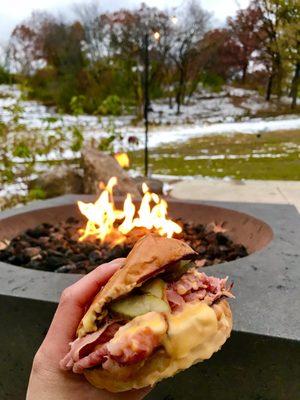 Hot ham and cheese sandwich on their patio