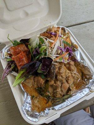 Combo plate: shrimp pad thai, chicken curry, spring roll