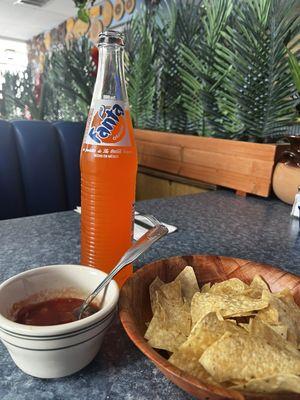 Fanta drink and Complimentary chips and salsa