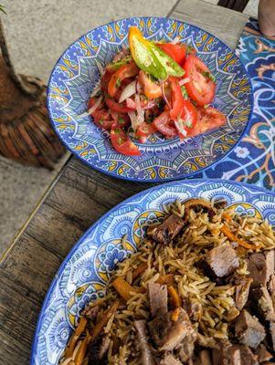 Plov and achichuk salad